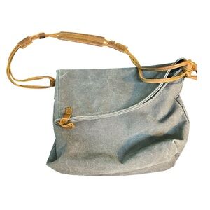 Gray and Tan Casual Shoulder Bag with Leather Trim